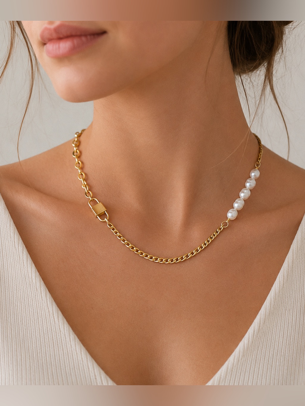 Freshwater Pearl 18kgp Stainless Steel Necklace | Chunky Chain Lock Design